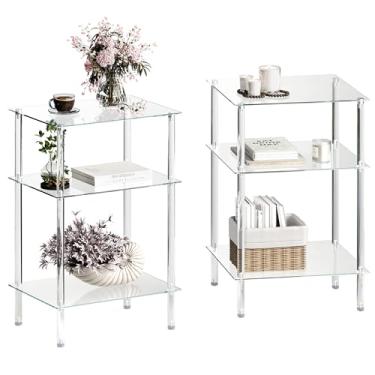 Imagem de Mesas laterais de vidro acrílico com 3 prateleiras, conjunto de 2 mesas de cabeceira, mesas de cabeceira simples para espaços pequenos, vidro temperado de 3 camadas para escritório, quarto, sala de