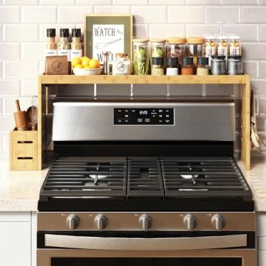 Imagem de MAICHUAN Prateleira de fogão de bambu com forro de cozinha em EVA, 78,7 cm sobre a prateleira do fogão, suporte de talheres e 6 ganchos, para armazenamento de cozinha na parte de trás do fogão