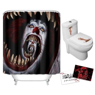 Imagem de VOOCAT Cortina de chuveiro de Halloween – Palhaço pesadelo inspirada no Sinistro Pennywise The IT, decoração de férias temáticas de filme de terror, cortina de banho de poliéster impermeável com 12