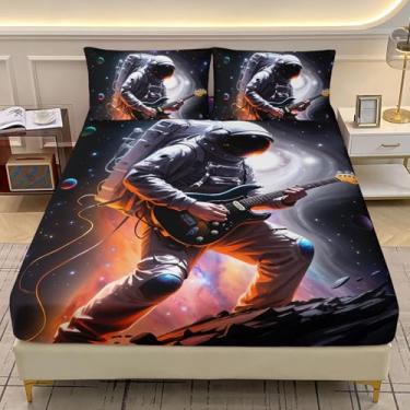 Imagem de AILONEN Jogo de lençol solteiro com elástico astronauta, espaço astronauta com guitarra, para crianças, meninos, meninas, 1 lençol com elástico e 2 fronhas, 3 peças