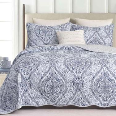 Imagem de Conjunto de colcha tamanho Queen 228,6 x 243,8 cm, 3 peças, colchas de vieira, tamanho cinza, azul boêmio, estampa de paisley, tamanho grande, colchas macias, leves, fazenda, edredom acolchoado