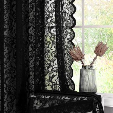 Imagem de Cortinas de renda transparente Bujasso Black Vintage Floral 135x213cm