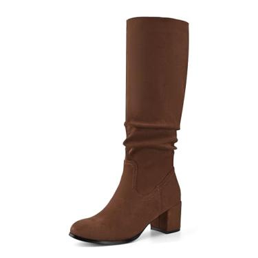 Imagem de Shoe'N Tale Botas femininas até o joelho, salto grosso, bico fino, camurça, desleixado, sapatos de inverno com zíper lateral, Marrom escuro, 40