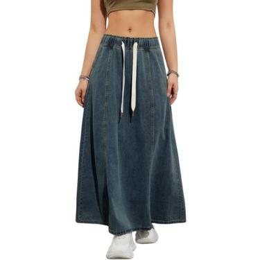 Imagem de Saia jeans Maxi Flare chouyatou feminina casual azul escura