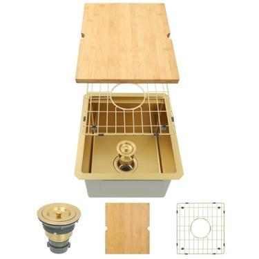 Imagem de Pia de pia de barra dourada, pia pequena de preparação de cozinha de 38 x 43 cm para trailers ao ar livre de bar molhado, calibre 16 SUS304, pias de estação de trabalho de aço inoxidável SUS304 com