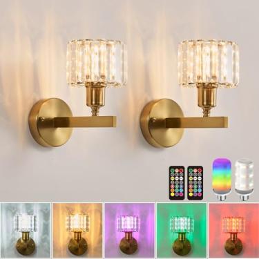 Imagem de BCGMYLN Arandelas de parede operadas por bateria, conjunto de dois, arandelas de parede recarregáveis sem fio com 10.000 mAh RGB, arandela de parede de cristal com controle remoto para quarto