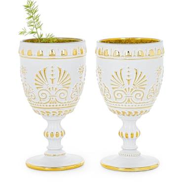 Imagem de Sungmor Taças de vinho vintage branco e dourado - Conjunto de 2 copos em relevo, copos decorativos de 293 ml para vinho, água ou coquetéis - Taças barrocas para entretenimento ou presente