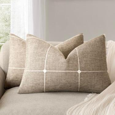 Imagem de Foindtower Pacote com 2 fronhas decorativas de linho falso jacquard xadrez capa de almofada lombar com grade texturizada para decoração de casa de sofá, sala de estar, 30 x 50 cm, aveia