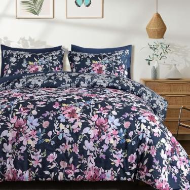 Imagem de Dobuyly Conjunto de edredom king size, 7 peças, azul marinho, floral, cama em uma bolsa, estampa de flores botânicas, conjunto de cama para todas as estações, com lençóis, fronhas e fronhas