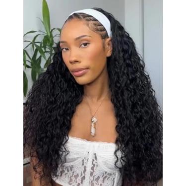 Imagem de Julia Hair 12A Headband Human Wigs Water Wave Sem Lace Front Cola Peruca Com Lenço Pré-Anexado Para Mulheres Negras Cacheadas Profundas Naturalmente Iniciantes 16"