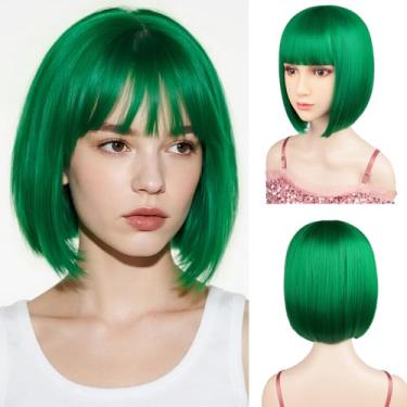 Imagem de Peruca Bob verde com franja plana inclui touca de cabelo de fibra sintética resistente ao calor de 30 cm para todas as mulheres e crianças perucas coloridas para festa de Halloween (verde)