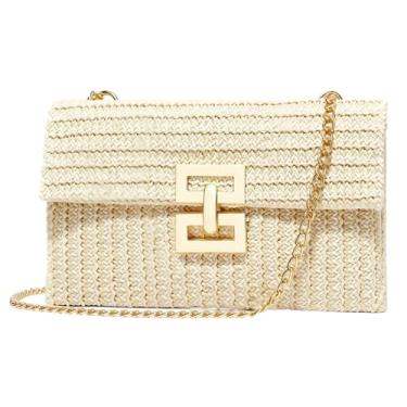Imagem de TANMESSO Bolsa clutch de palha de tecido para mulheres Boho bolsa de praia de verão pequena bolsa tiracolo de ombro de ráfia, Off-white