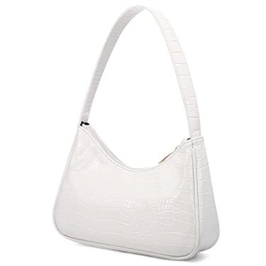 Imagem de LOVEVOOK Bolsa de ombro feminina, pequena bolsa de mão com estampa de crocodilo, bolsa pequena de couro vegano fofa mini bolsa de mão, Branco