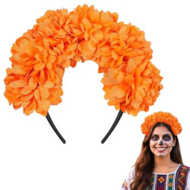 Imagem de Bigmeta Tiara Dia dos Mortos – Tiara de flores mexicanas para meninas e mulheres, fantasia de festa Dia De Los Muertos, estilo calêndula