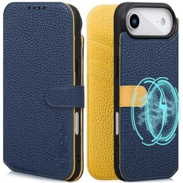 Imagem de VISOUL Capa carteira para iPhone Air com slots de cartão Capa protetora de couro real com bloqueio de RFID com suporte magnético com fecho magnético para iPhone Air (6,5 polegadas) - (azul + amarelo)