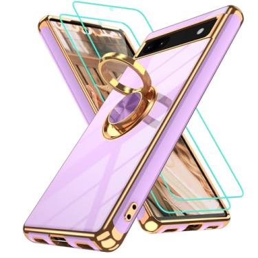 Imagem de Gritup Capa para Google Pixel 6A com 2 peças protetoras de tela | Suporte magnético de rotação de 360° | Revestimento dourado macio TPU protetor básico para Pixel 6A roxo claro