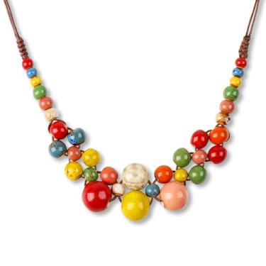 Imagem de LLMSIX Boho Hippie Colar com contas de cerâmica coloridas para mulheres, colar grosso boêmio com contas, festa na praia, dia de Ação de Graças, acessórios de outono, joias, presente para mulheres