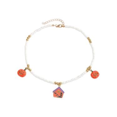 Imagem de Kokoma Colar feminino com pingente de abóbora para casa com pingente de morcego, gargantilha ajustável de contas, fantasia de Halloween, bijuteria moderna