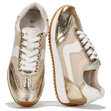 Imagem de Project Cloud Tênis feminino leve com cadarço com palmilhas de espuma viscoelástica – Sapatos femininos modernos – Tênis feminino antiderrapante e confortável (Madison), Dourado, 34