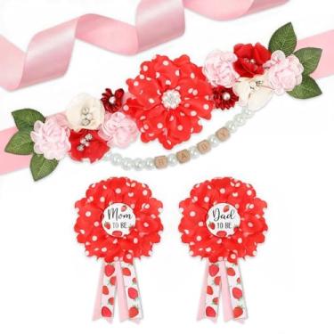 Imagem de INSYOHO Decorações de chá de bebê de morango - Cinto de maternidade com tema doce de baga ajustável com decorações de chá de bebê de morango, material de festa revelador de gênero para mamãe