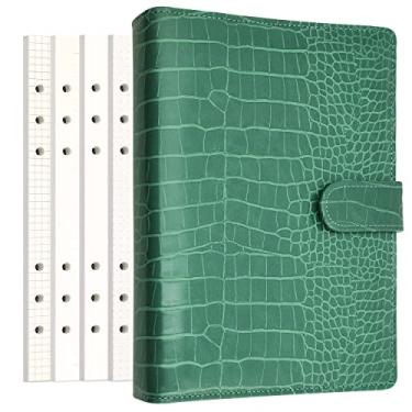 Imagem de Agenda de caderno pessoal de couro PU com 80 páginas, papéis de folhas soltas, 6 furos, suporte de caneta, fivela magnética (textura de crocodilo falso verde, A5 Mini)