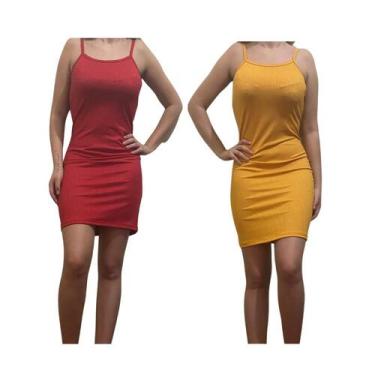 Imagem de KIT C/2 Vestidos Alcinha Canelado - Emporio J, Vermelho, Mostarda, Uni