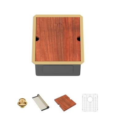 Imagem de Lordear Gold Undermount Bar Sink 38 x 45 x 23 cm Estação de trabalho para pia de cozinha de aço inoxidável calibre 16 pequena tigela única