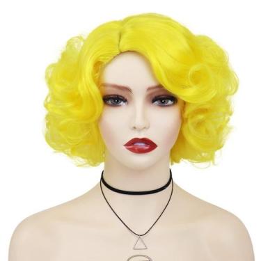 Imagem de Peruca GNIMEGIL amarela de cabelo curto encaracolado Big Bob para mulh