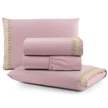 Imagem de Jogo Cama Lençol Haia Casal Padrão Percal 200 Fios 100% Algodão Guipir Bordado Inglês 4 Peças - Rosê