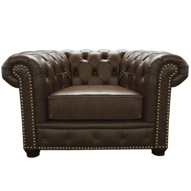 Imagem de Poltrona Sala de Estar Chesterfield com Pés Madeira Couro Marrom - Gran Belo
