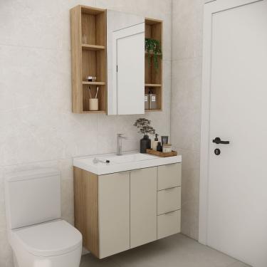 Imagem de Conjunto De Banheiro Com Cuba Vittare 80cm Estilare CNJ5006 Carvalho-nude Gaveta Direita