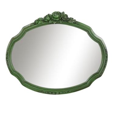 Imagem de iAmoy Espelho oval vintage com esculturas florais rosa, espelhos decorativos verdes de 43 x 33,5 cm para parede, espelho de vaidade estilo antigo para quarto, sala de estar, banheiro, decoração de