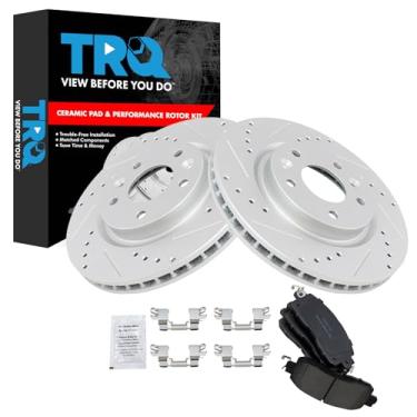 Imagem de TRQ Kit de pastilhas de freio e rotor premium G-Coated Slotted X Drilled Performance Ceramic Compatível com Nissan LEAF 2014-2017
