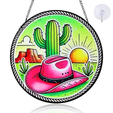 Imagem de ZioNNyxviana Chapéu de cacto West Cowgirl para pendurar na janela de vitral com corrente de metal e ganchos de 19 cm para decoração de casa e jardim, presentes de inauguração de casa