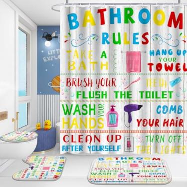 Imagem de Poedist Conjunto de 4 peças de cortina de chuveiro de banheiro, conjunto de banheiro infantil, conjuntos de cortina de chuveiro espacial com tapetes (tapete de banho, forma de U e tapete de tampa de
