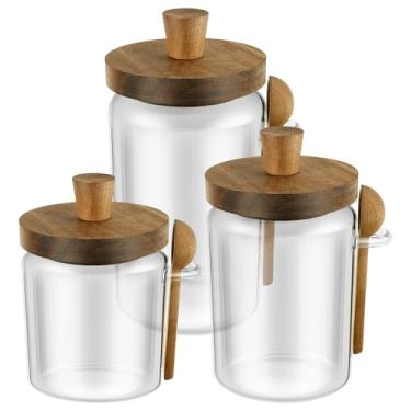 Imagem de KHZSPP Conjunto de 3 potes de vidro para café, pote de vidro com tampas de madeira herméticas e colher, conjunto de potes transparentes para cozinha, alimentos, café, chá, açúcar