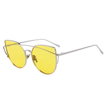 Imagem de Óculos de sol femininos modernos olho de gato, revestimento de lentes espelhadas, óculos de sol grandes UV400, Armação prateada/lente amarela, Lens Width: 55 Millimeters