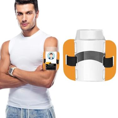 Imagem de Suporte de crachá de braçadeira com faixa de braço elástica ajustável preta e fecho de gancho - Exibição de plástico seguro e transparente do cartão de trabalho, passe de esqui, bilhete de elevação