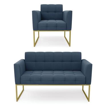 Imagem de Kit 1 Sofá Namoradeira E 1 Poltrona Elisa Suede Azul Marinho Base Metálica Industrial Dourada -