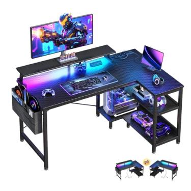 Imagem de ODK Mesa de jogos de 101 cm com tomadas USB e luzes LED, mesa de computador reversível em forma de L com prateleiras de armazenamento e suporte para monitor, mesa de canto para escritório em casa,