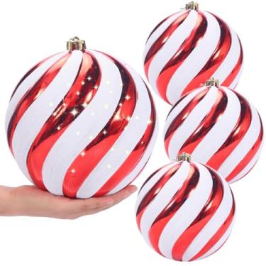 Imagem de Enfeites decorativos de bola de Natal, listras vermelhas e brancas, à prova de estilhaçamento, extra grande, 20 cm, decoração de árvore de férias, pacote com 4 (vermelho e branco, 20 cm)
