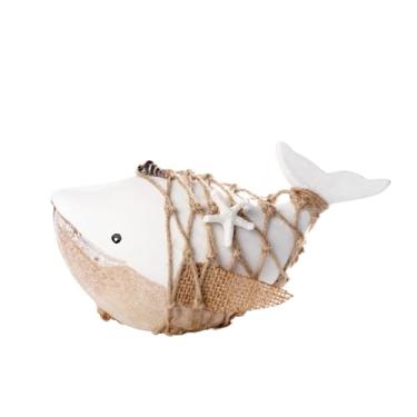 Imagem de NAUTIMALL Decoração decorativa de mesa de baleia de madeira, branca com rede de juta, destaque náutico de estrela do mar