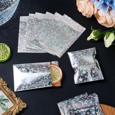 Imagem de 100 unidades de sacos de celofane estrela 9 x 7 cm bolsa autovedada com decoração de estrelas, bolsas de plástico retangulares, joias faça você mesmo, berloques, embalagem de armazenamento, embrulho