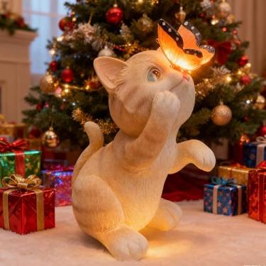 Imagem de WNXURT Decoração de jardim, estatuetas solares de gato, presentes para amantes de gatos, com luzes LED de borboleta para decoração interna e externa, para quintal, jardim, pátio, presentes para