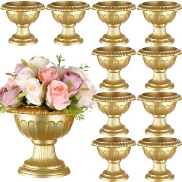 Imagem de Vesici 12 vasos de urna dourada para decoração de mesa de casamento, centro de mesa, centro de mesa, vaso de plástico vintage, vasos com pedestal antigo para casamento, festa de aniversário, Natal