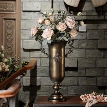 Imagem de XIAOAIKA Vaso de metal vintage, vaso de flores de bronze antigo de 50 cm de altura com alças, urna de ferro estilo europeu para flores frescas ou secas, peça central decorativa rústica para sala de