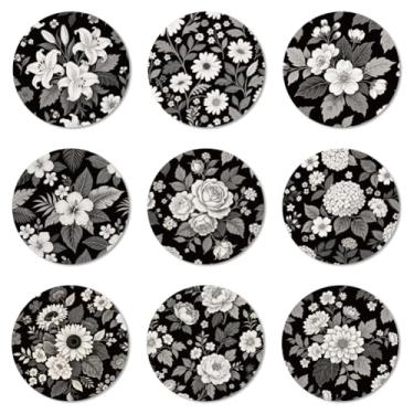 Imagem de ANATTASOUL Conjunto de 9 porta-copos de madeira com padrão de flores pretas coloridas presente de inauguração de casa redonda para casa nova, proteção de mesa de centro decorativa de 9,9 cm para