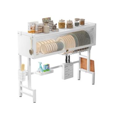 Imagem de Escorredor De Louça Pratos Organizador De Pia Cozinha, Escorredor Louças Cozinha com Porta, Antiferrugem, Montagem Sem Furação， Suporte para Talheres, Copos, Tábuas, Facas (Branco, 85cm)