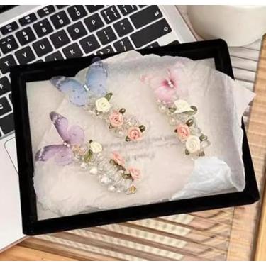 Imagem de Faixas de cabelo de telefone com flor de borboleta pérola, laços de cabelo em espiral, laços Ha-ir em espiral de flor de rosa, flores de borboleta com contas Ha-ir para mulheres e meninas, 3 peças