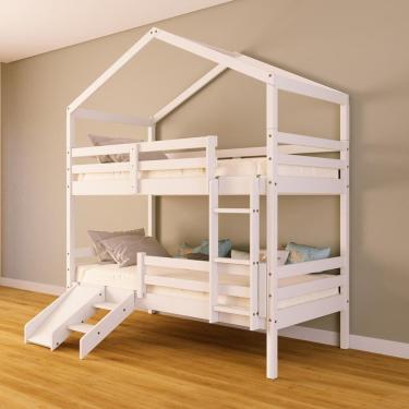 Imagem de Beliche Solteiro Casinha com Kit Escada/Escorregador Grade Proteção Madeira Maciça Branco Megamobilia